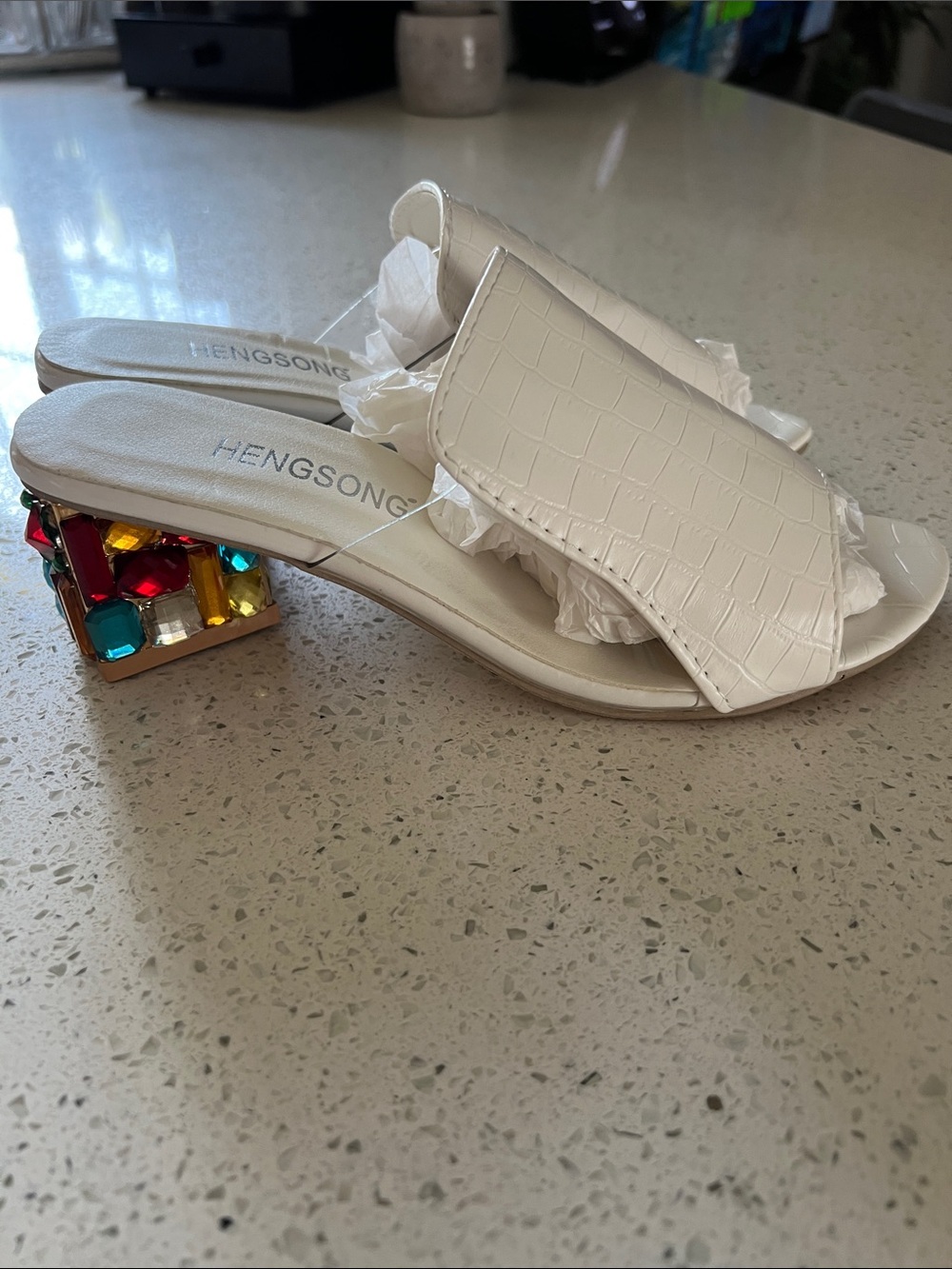 White Croc-Embossed Jewel Block Heel Slide Mules